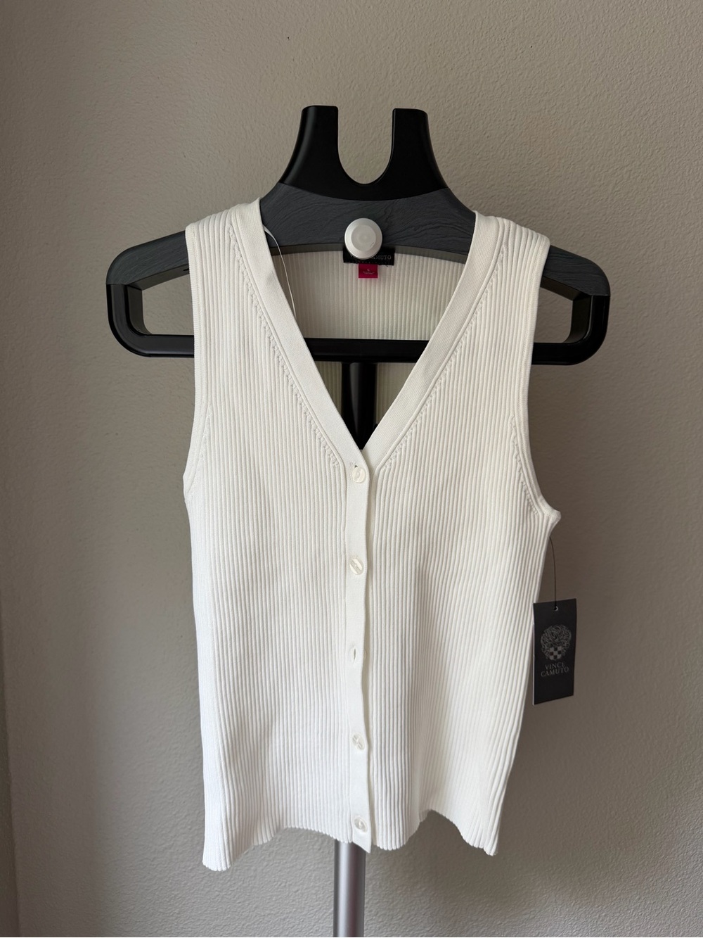 Vince Camuto Ribbed V-Neck Button Front Tank Top - Antique White